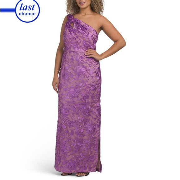 JS COLLECTIONS Rose Violet One Shoulder Soutache Column Gown - Picture 1 of 2